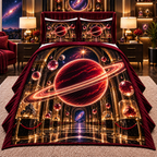 Ringed Planet Collector Quilted Bedding Set with printed optical 3D artwork in its use setting