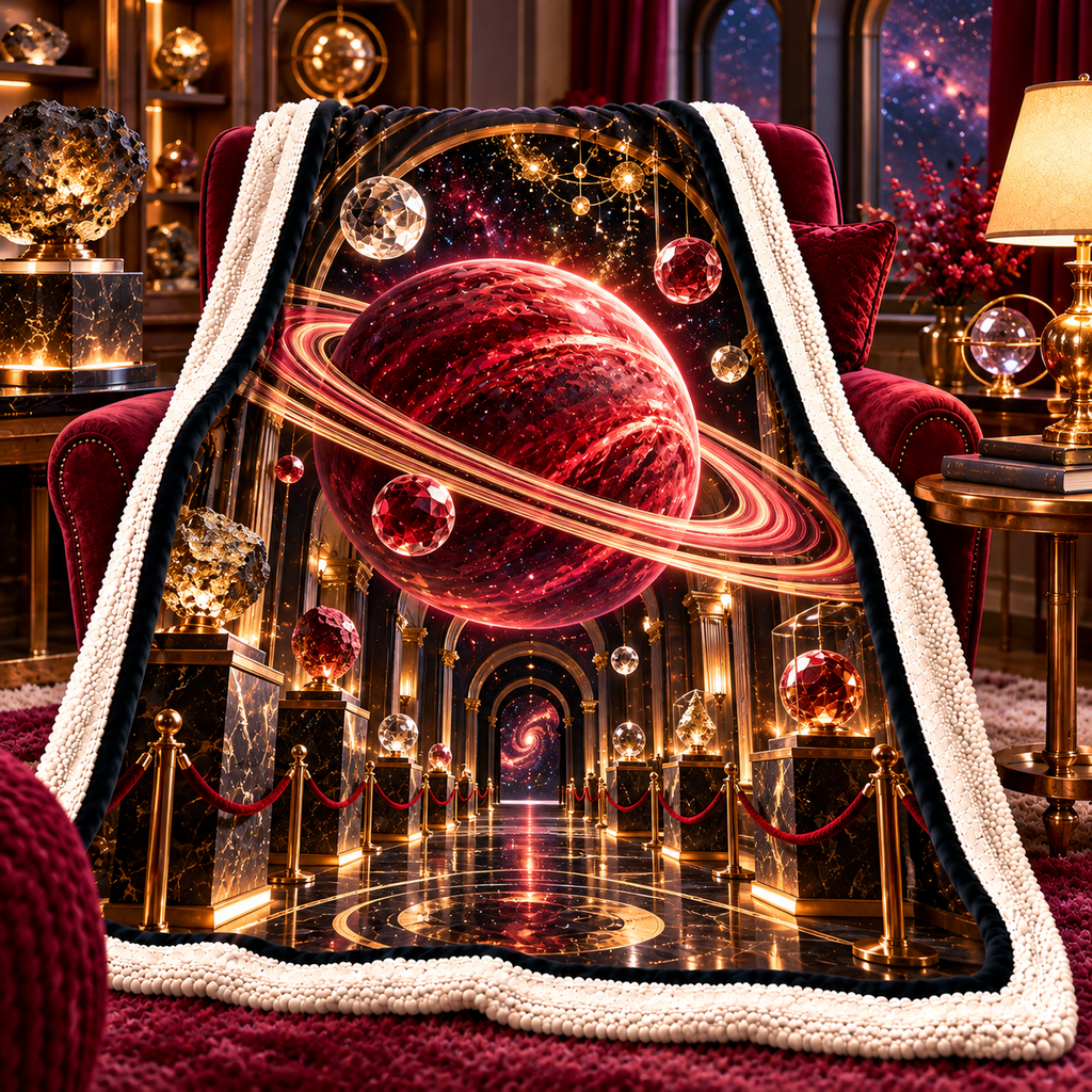 Ringed Planet Collector Sherpa & Fleece Blanket with printed optical 3D artwork in its use setting