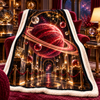 Ringed Planet Collector Sherpa & Fleece Blanket with printed optical 3D artwork in its use setting