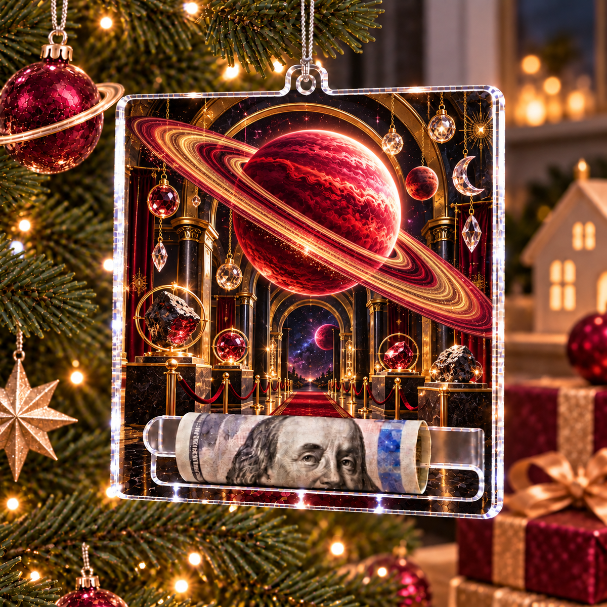 Ringed Planet Collector Acrylic Cash Holder Ornament with printed optical 3D artwork in its use setting
