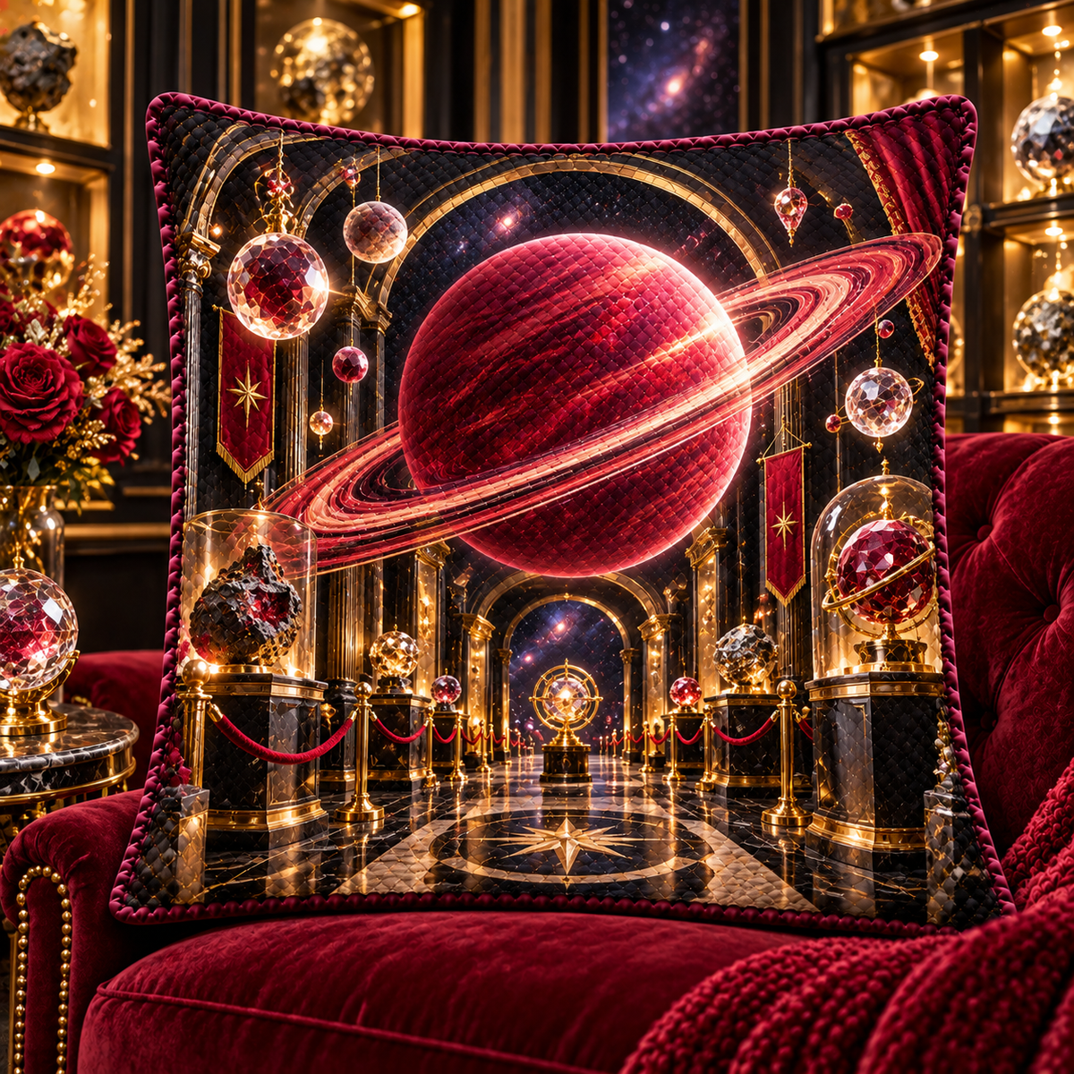 Ringed Planet Collector Quilted Cushion Cover with printed optical 3D artwork in its use setting