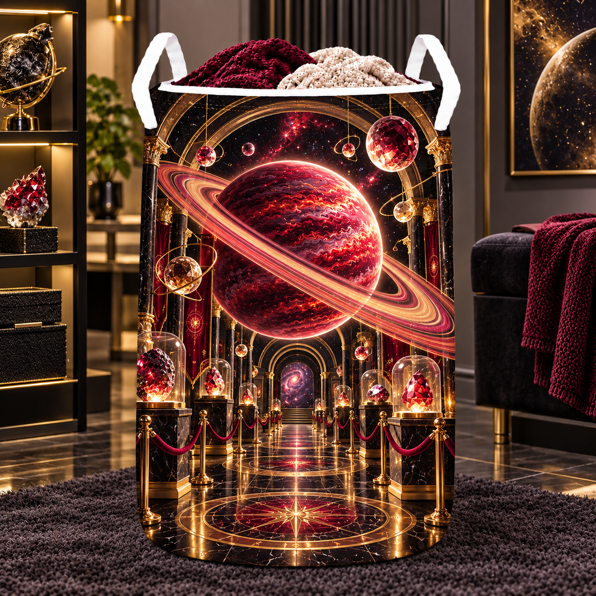 Ringed Planet Collector Laundry Hamper with printed optical 3D artwork in its use setting