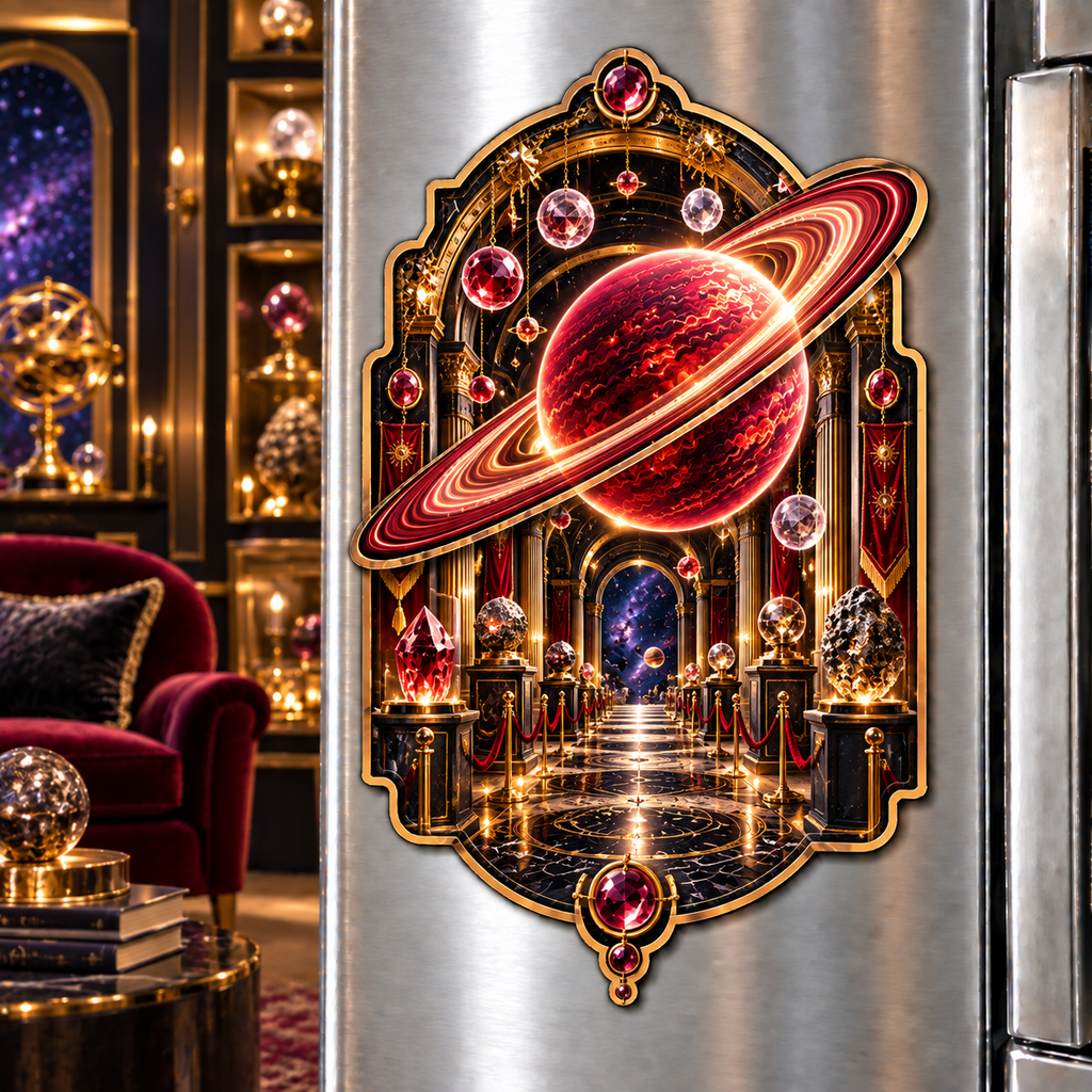 Ringed Planet Collector Acrylic Refrigerator Magnet with printed optical 3D artwork in its use setting