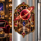 Ringed Planet Collector Acrylic Refrigerator Magnet with printed optical 3D artwork in its use setting