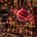 Ringed Planet Collector Quilt Blanket with printed optical 3D artwork in its use setting