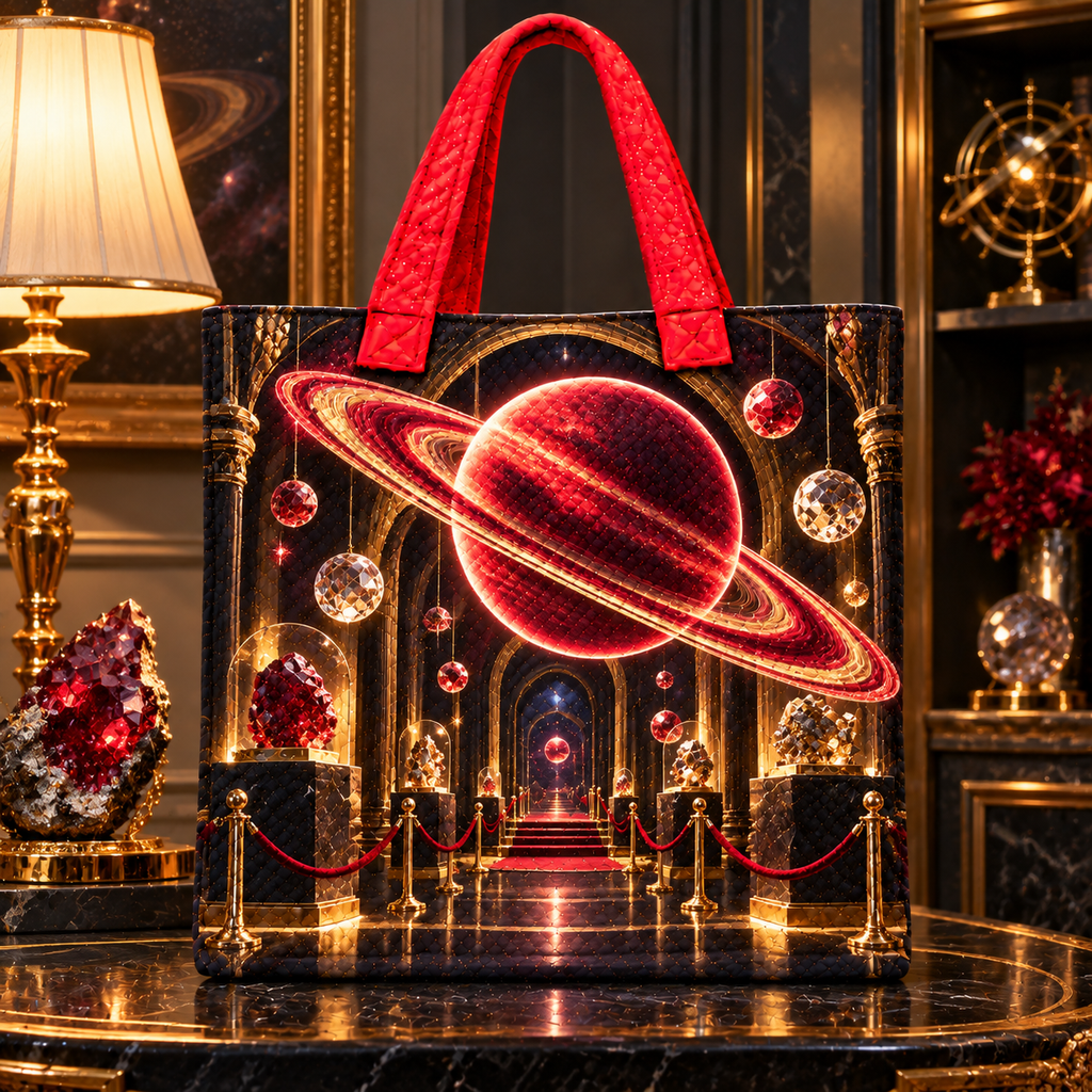 Ringed Planet Collector Quilted Tote Bag with printed optical 3D artwork in its use setting
