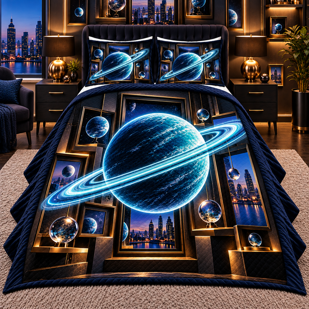 Ringed Planet Apartment Gallery Quilted Bedding Set with printed optical 3D artwork in its use setting