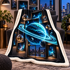 Ringed Planet Apartment Gallery Sherpa & Fleece Blanket with printed optical 3D artwork in its use setting
