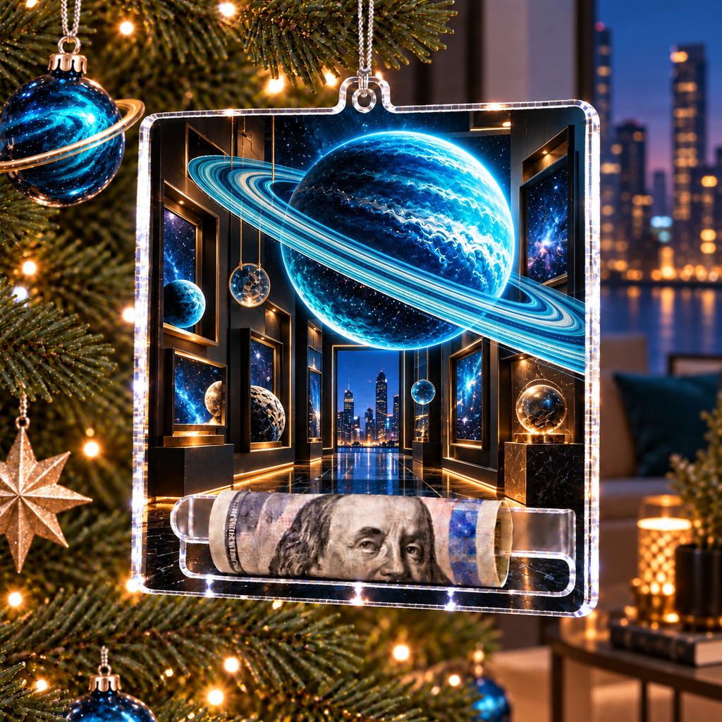 Ringed Planet Apartment Gallery Acrylic Cash Holder Ornament with printed optical 3D artwork in its use setting