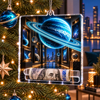 Ringed Planet Apartment Gallery Acrylic Cash Holder Ornament with printed optical 3D artwork in its use setting