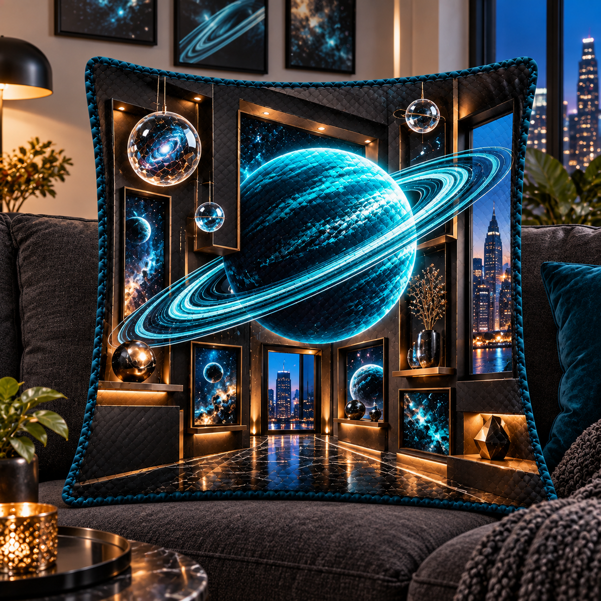 Ringed Planet Apartment Gallery Quilted Cushion Cover with printed optical 3D artwork in its use setting