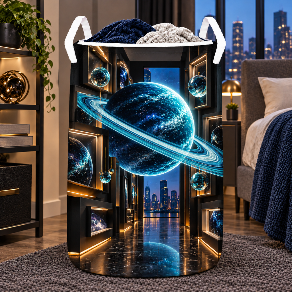 Ringed Planet Apartment Gallery Laundry Hamper with printed optical 3D artwork in its use setting