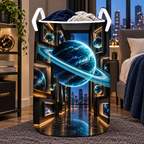 Ringed Planet Apartment Gallery Laundry Hamper with printed optical 3D artwork in its use setting