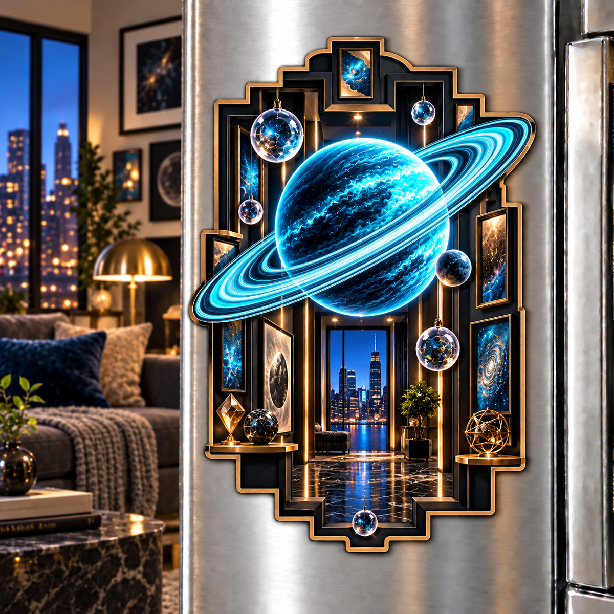 Ringed Planet Apartment Gallery Acrylic Refrigerator Magnet with printed optical 3D artwork in its use setting