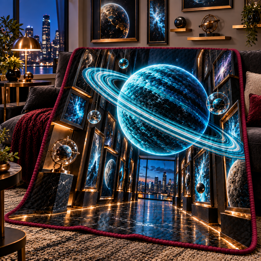 Ringed Planet Apartment Gallery Quilt Blanket with printed optical 3D artwork in its use setting