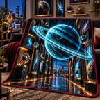 Ringed Planet Apartment Gallery Quilt Blanket with printed optical 3D artwork in its use setting