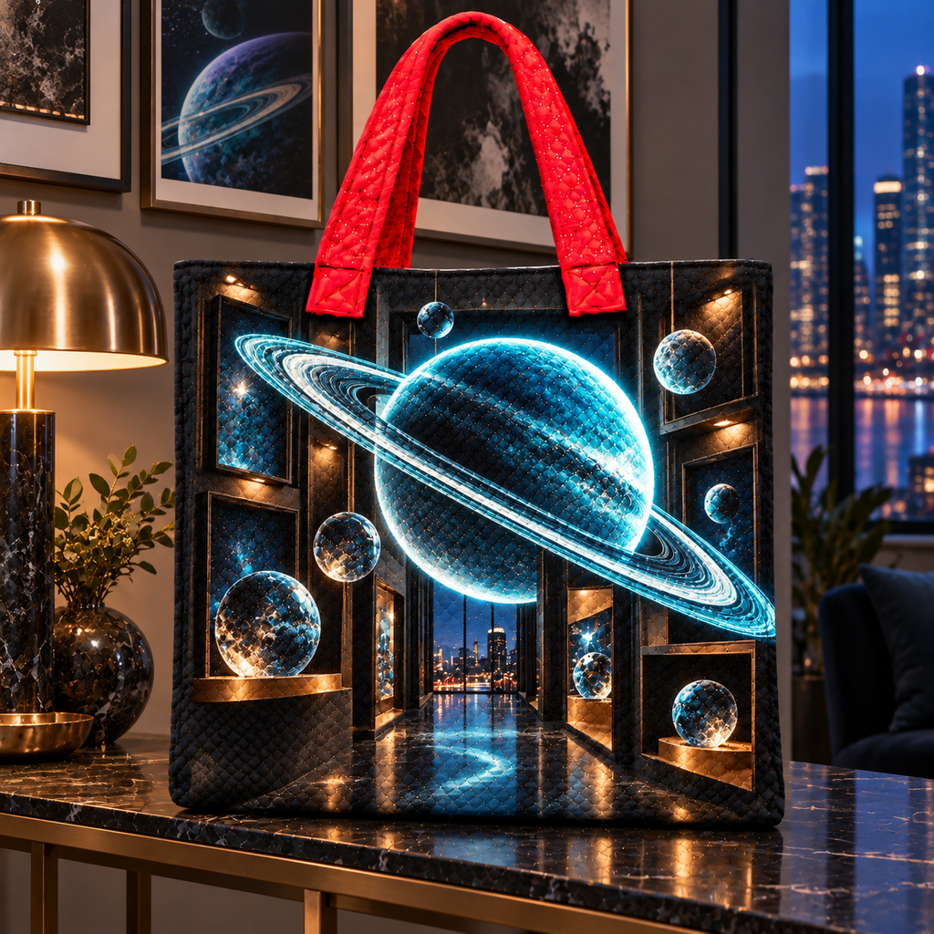 Ringed Planet Apartment Gallery Quilted Tote Bag with printed optical 3D artwork in its use setting