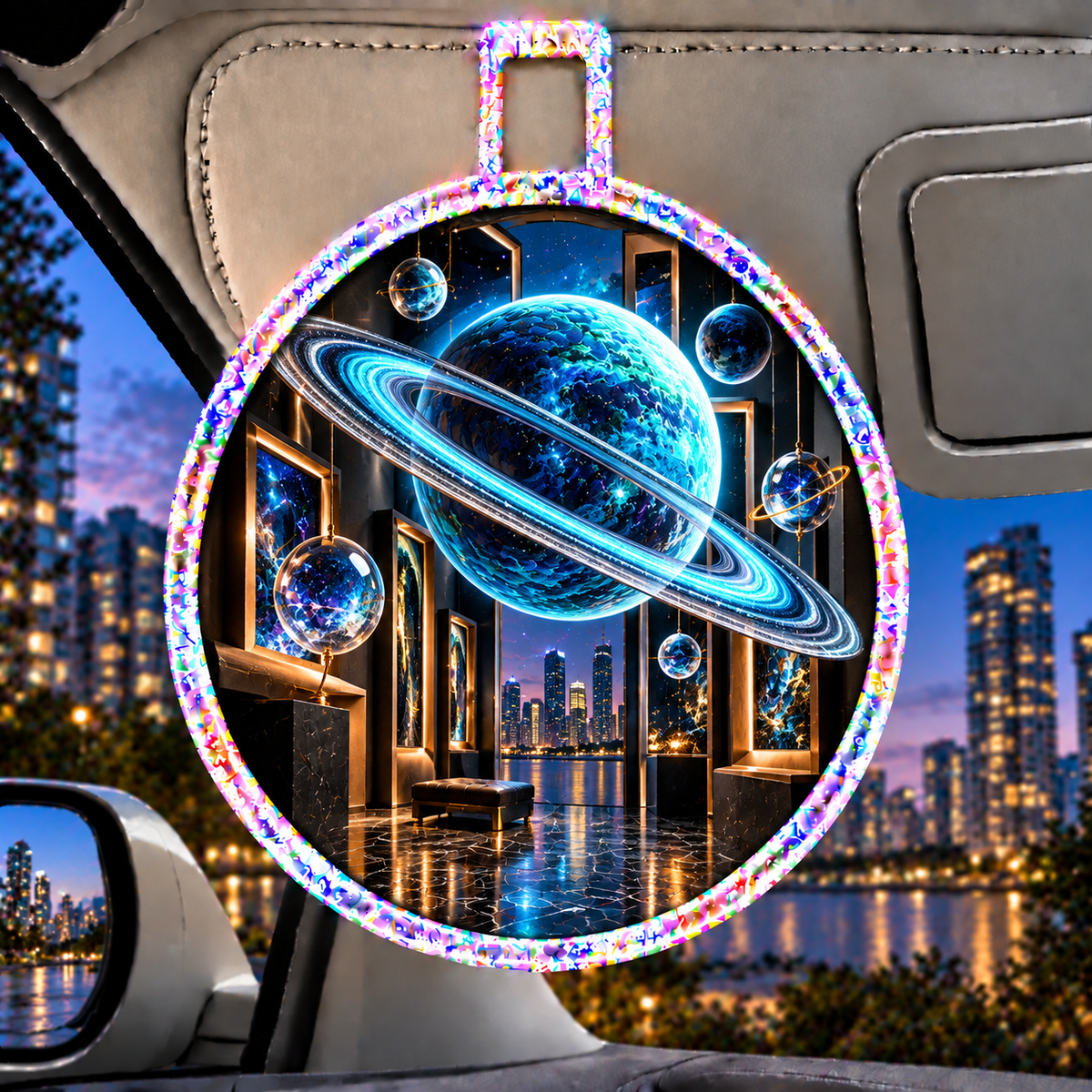Ringed Planet Apartment Gallery Holographic Car Visor Clip with printed optical 3D artwork in its use setting