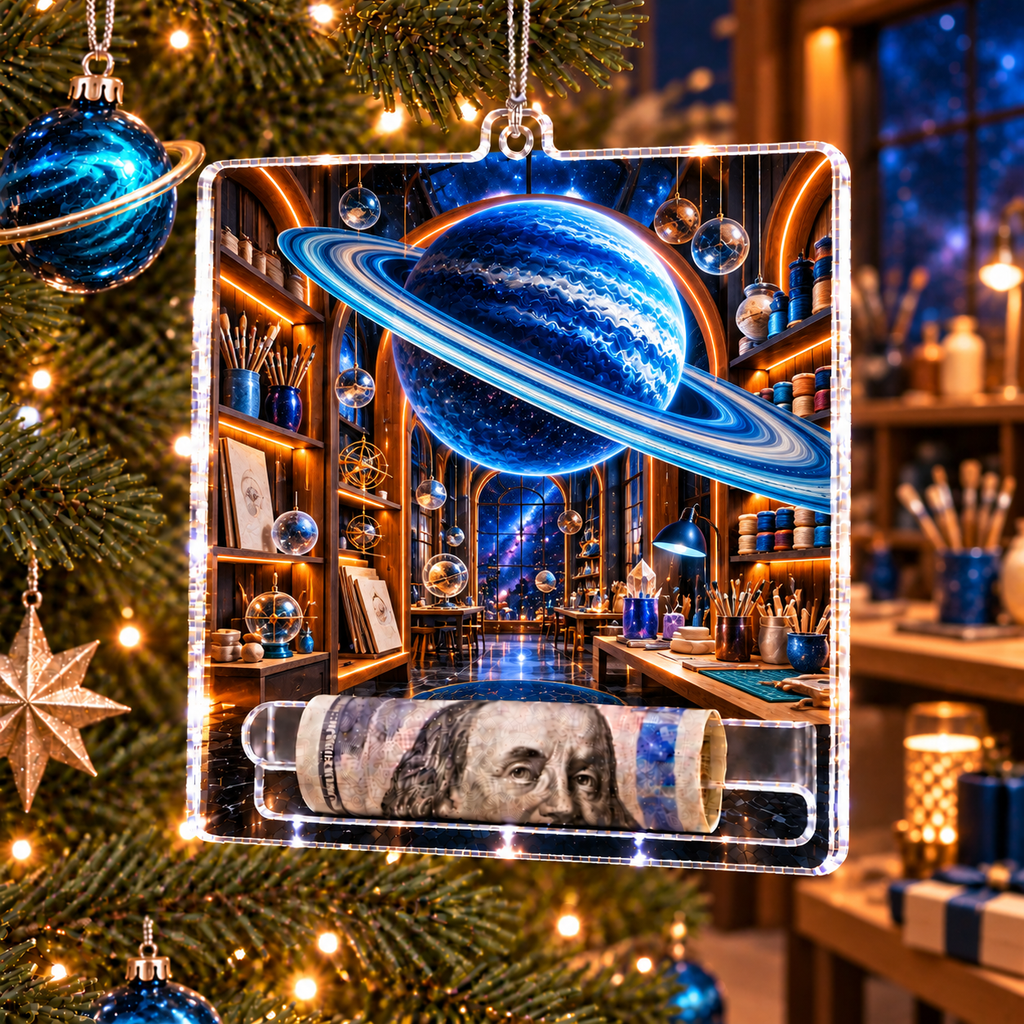 Ringed Planet Hobby Studio Acrylic Cash Holder Ornament with printed optical 3D artwork in its use setting