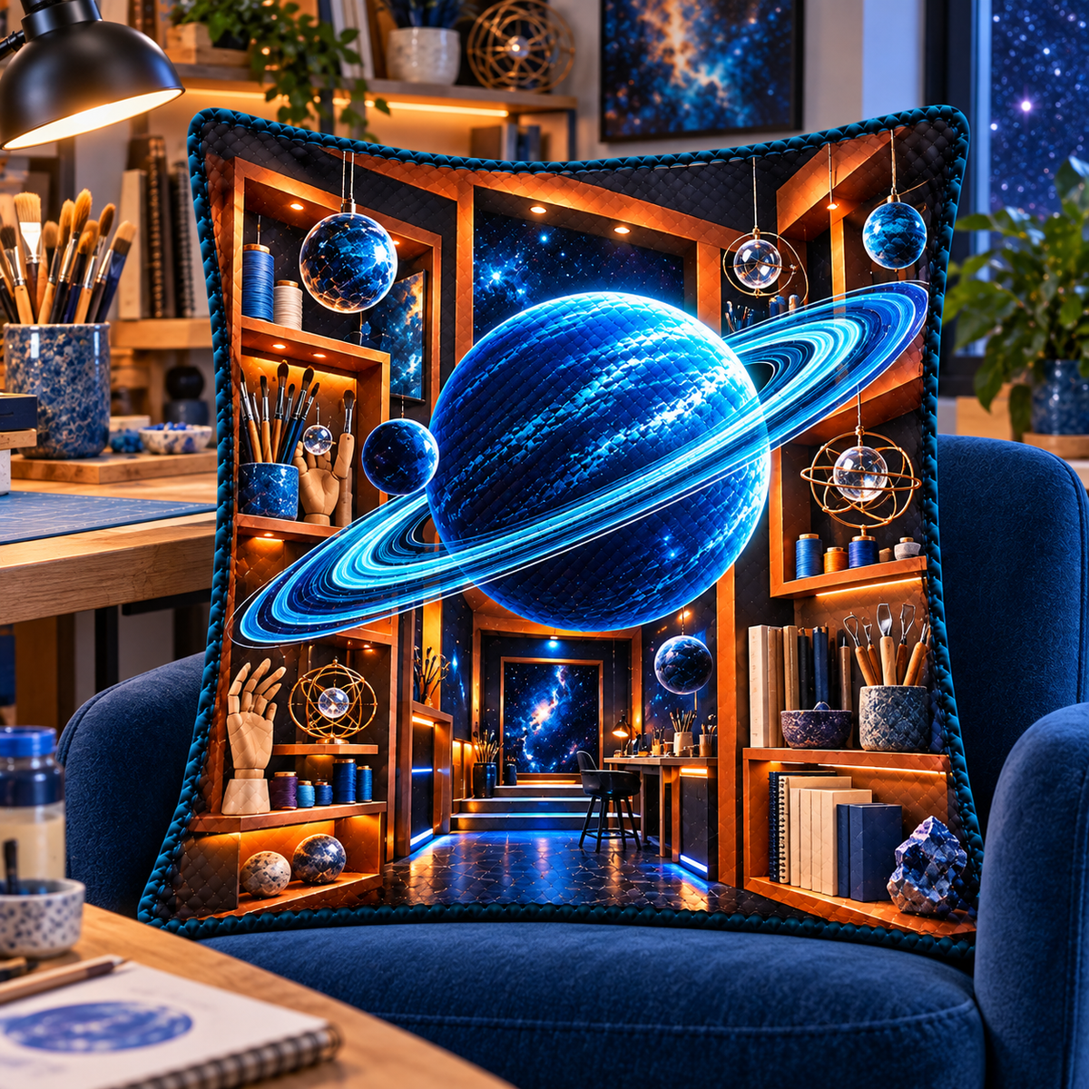 Ringed Planet Hobby Studio Quilted Cushion Cover with printed optical 3D artwork in its use setting