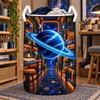 Ringed Planet Hobby Studio Laundry Hamper with printed optical 3D artwork in its use setting
