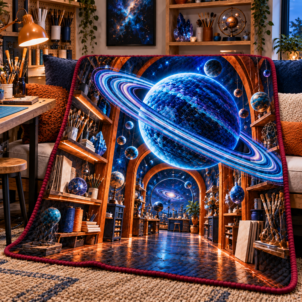 Ringed Planet Hobby Studio Quilt Blanket with printed optical 3D artwork in its use setting