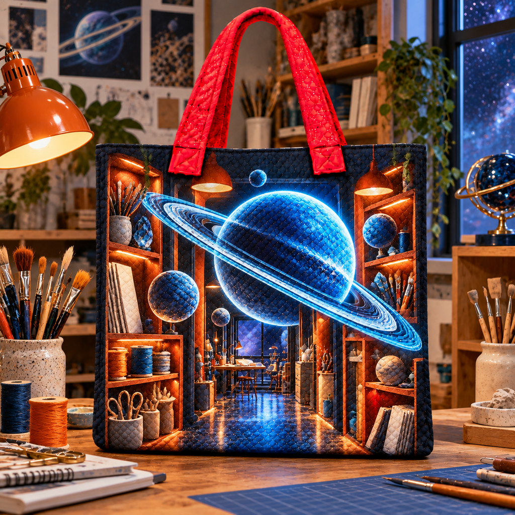 Ringed Planet Hobby Studio Quilted Tote Bag with printed optical 3D artwork in its use setting