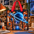 Ringed Planet Hobby Studio Quilted Tote Bag with printed optical 3D artwork in its use setting