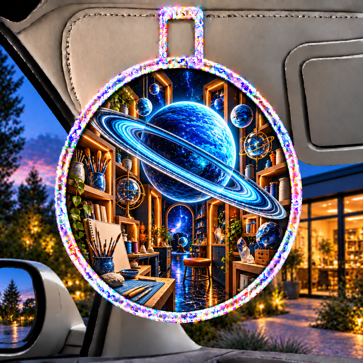 Ringed Planet Hobby Studio Holographic Car Visor Clip with printed optical 3D artwork in its use setting