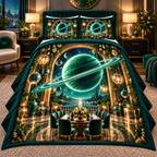 Ringed Planet Gracious Host Quilted Bedding Set with printed optical 3D artwork in its use setting