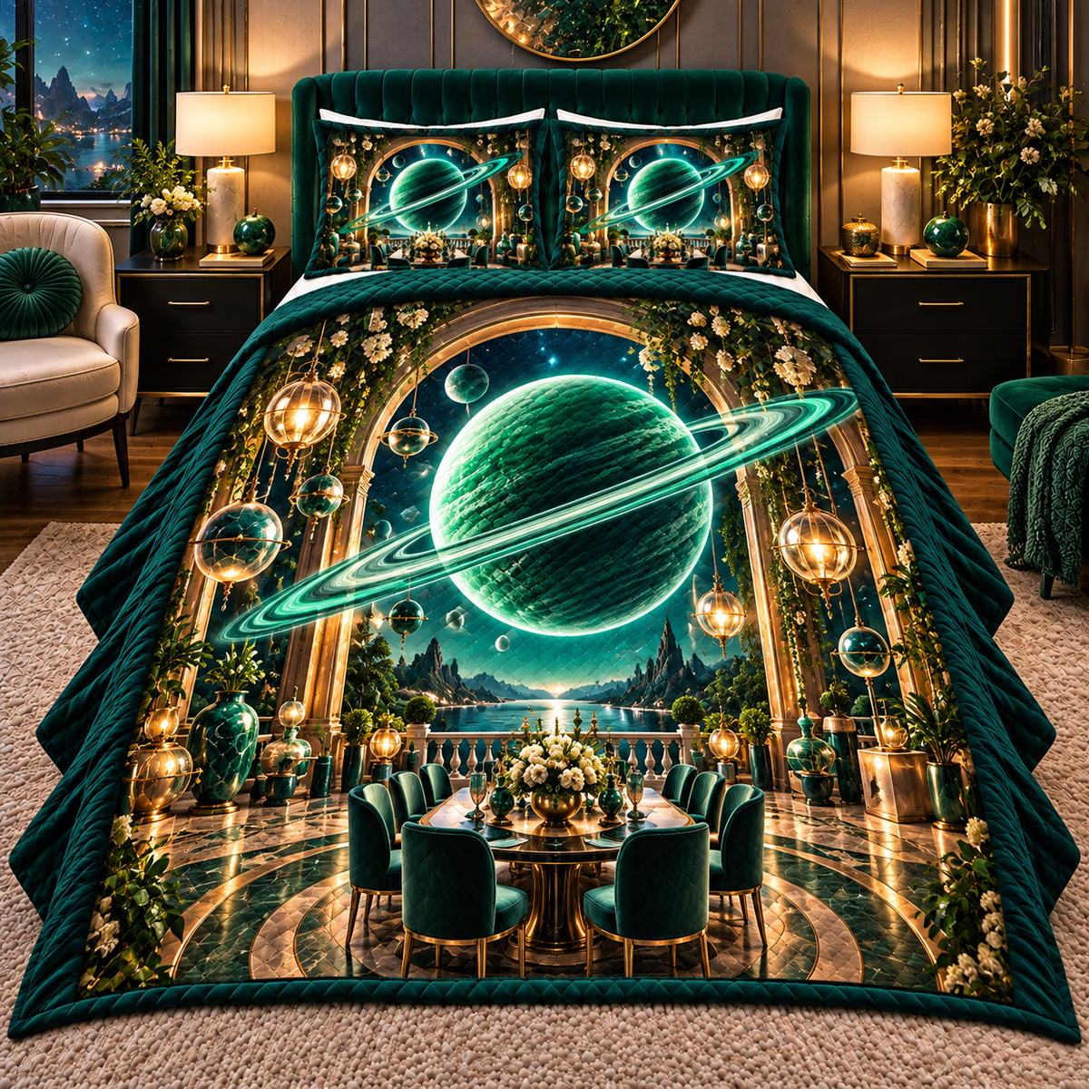Ringed Planet Gracious Host Quilted Bedding Set with printed optical 3D artwork in its use setting