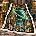 Ringed Planet Gracious Host Sherpa & Fleece Blanket with printed optical 3D artwork in its use setting