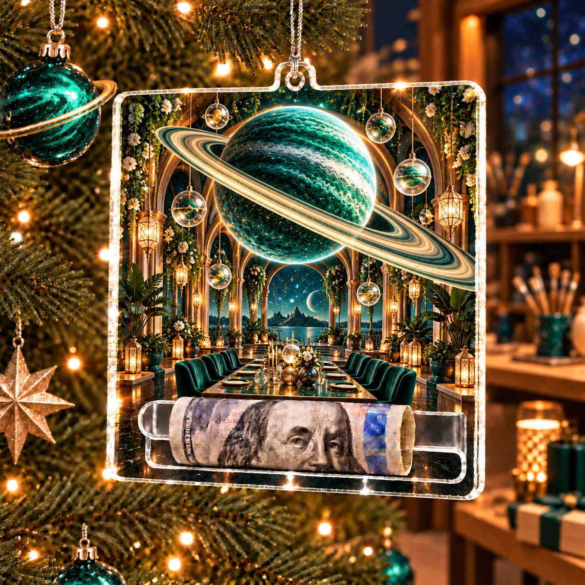Ringed Planet Gracious Host Acrylic Cash Holder Ornament with printed optical 3D artwork in its use setting