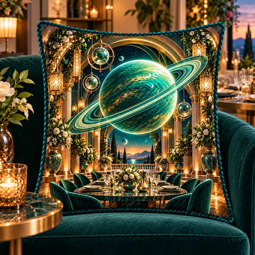 Ringed Planet Gracious Host Quilted Cushion Cover with printed optical 3D artwork in its use setting