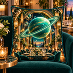 Ringed Planet Gracious Host Quilted Cushion Cover with printed optical 3D artwork in its use setting
