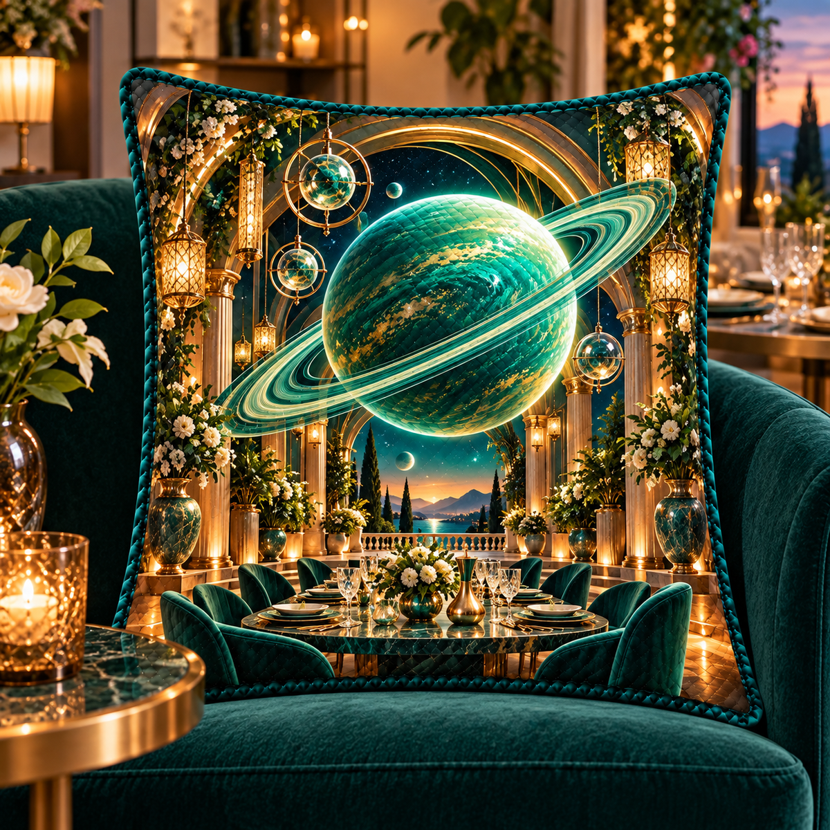 Ringed Planet Gracious Host Quilted Cushion Cover with printed optical 3D artwork in its use setting