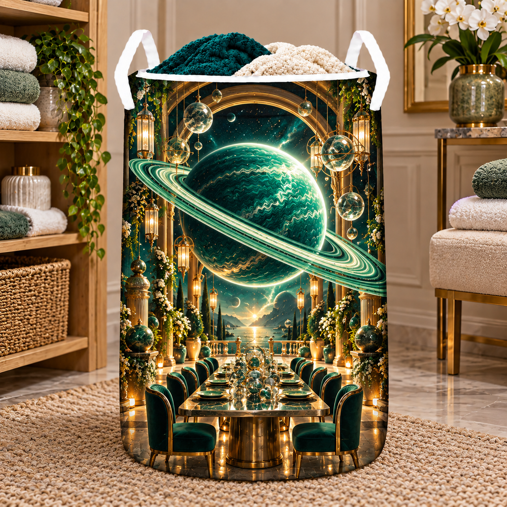 Ringed Planet Gracious Host Laundry Hamper with printed optical 3D artwork in its use setting