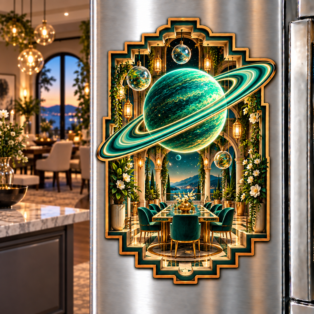 Ringed Planet Gracious Host Acrylic Refrigerator Magnet with printed optical 3D artwork in its use setting