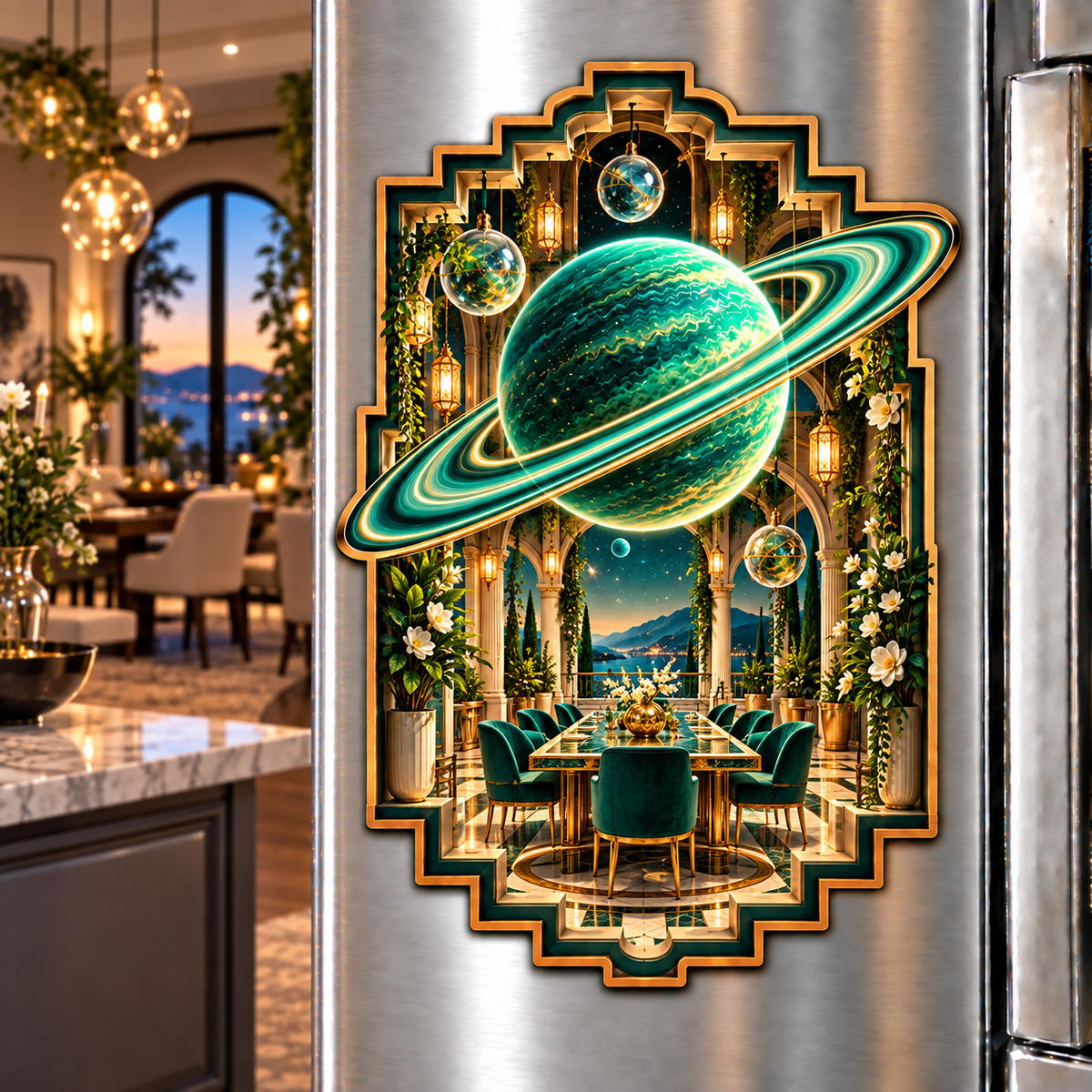 Ringed Planet Gracious Host Acrylic Refrigerator Magnet with printed optical 3D artwork in its use setting