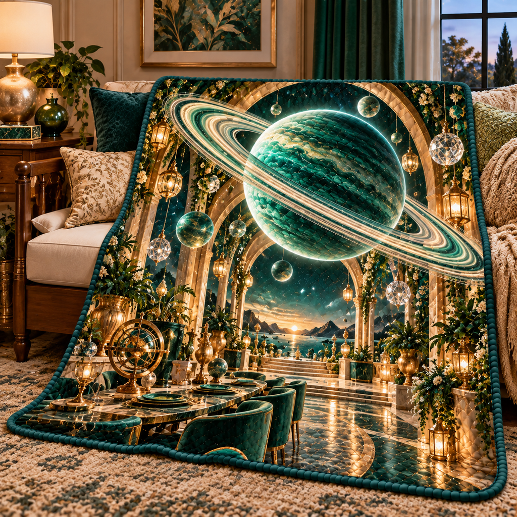 Ringed Planet Gracious Host Quilt Blanket with printed optical 3D artwork in its use setting