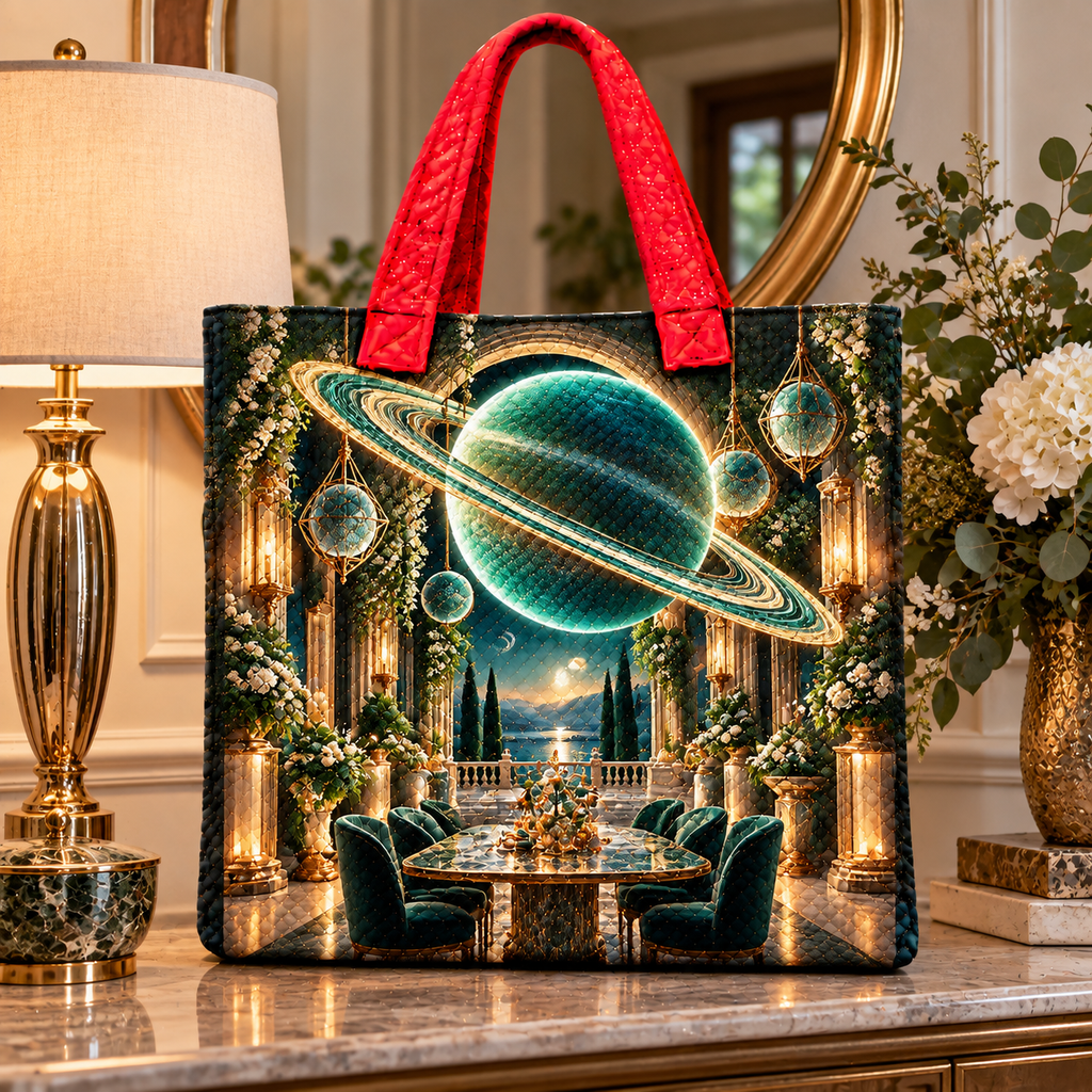 Ringed Planet Gracious Host Quilted Tote Bag with printed optical 3D artwork in its use setting