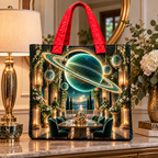 Ringed Planet Gracious Host Quilted Tote Bag with printed optical 3D artwork in its use setting
