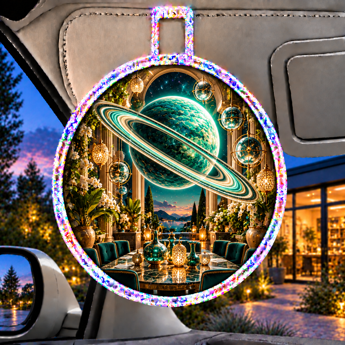 Ringed Planet Gracious Host Holographic Car Visor Clip with printed optical 3D artwork in its use setting