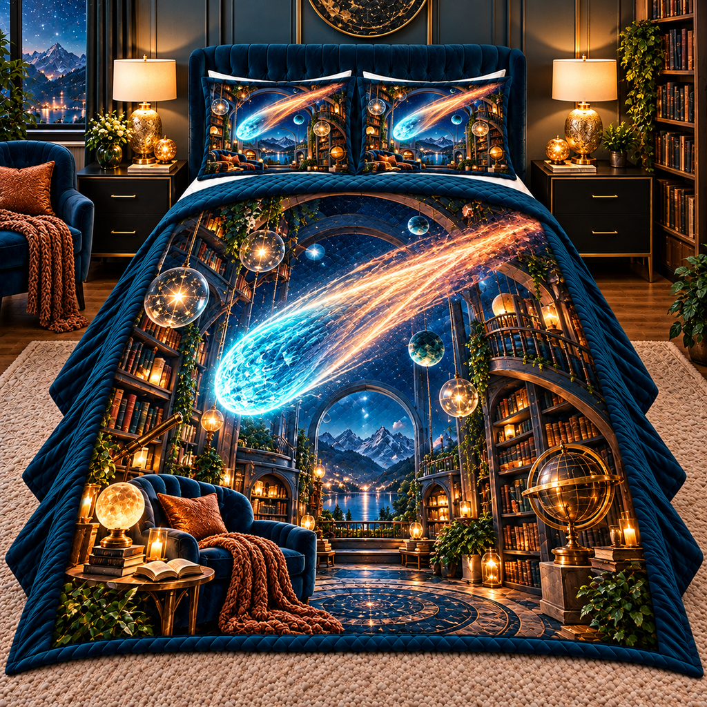 Comet Trail Reading Nook Quilted Bedding Set with printed optical 3D artwork in its use setting