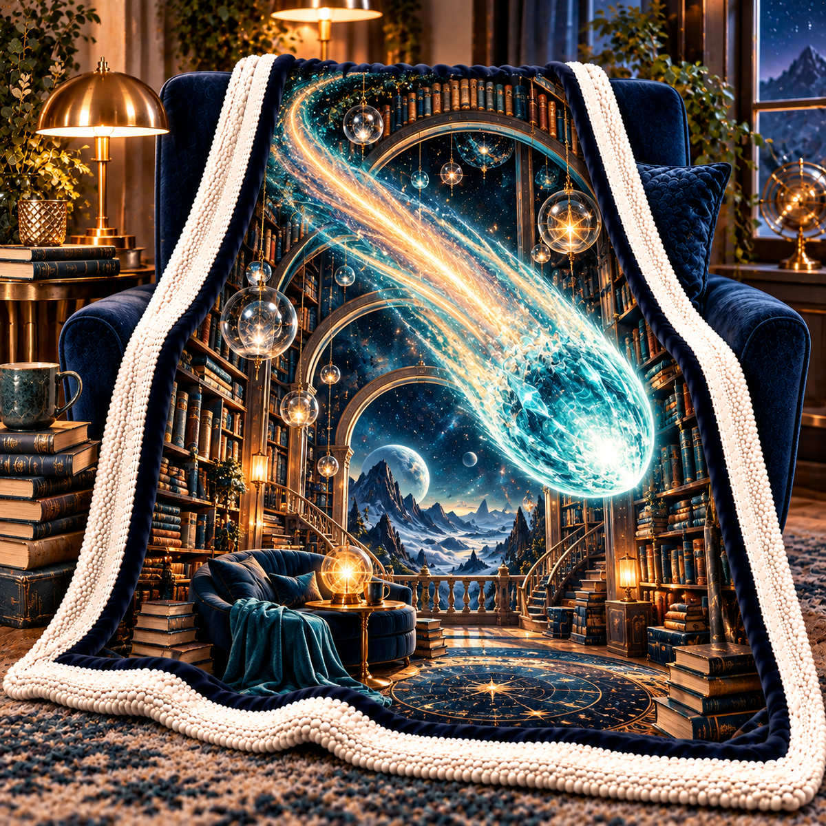 Comet Trail Reading Nook Sherpa & Fleece Blanket with printed optical 3D artwork in its use setting