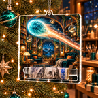 Comet Trail Reading Nook Acrylic Cash Holder Ornament with printed optical 3D artwork in its use setting