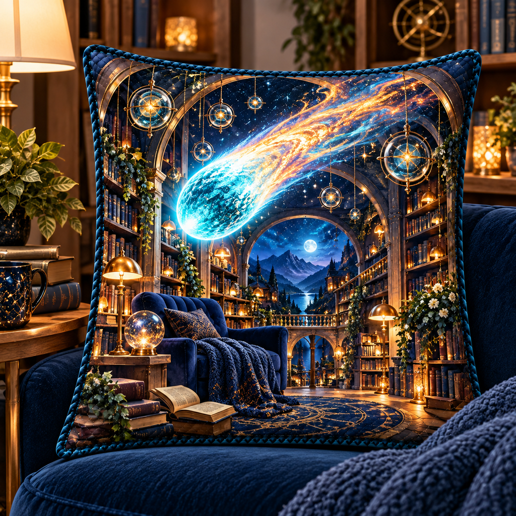 Comet Trail Reading Nook Quilted Cushion Cover with printed optical 3D artwork in its use setting