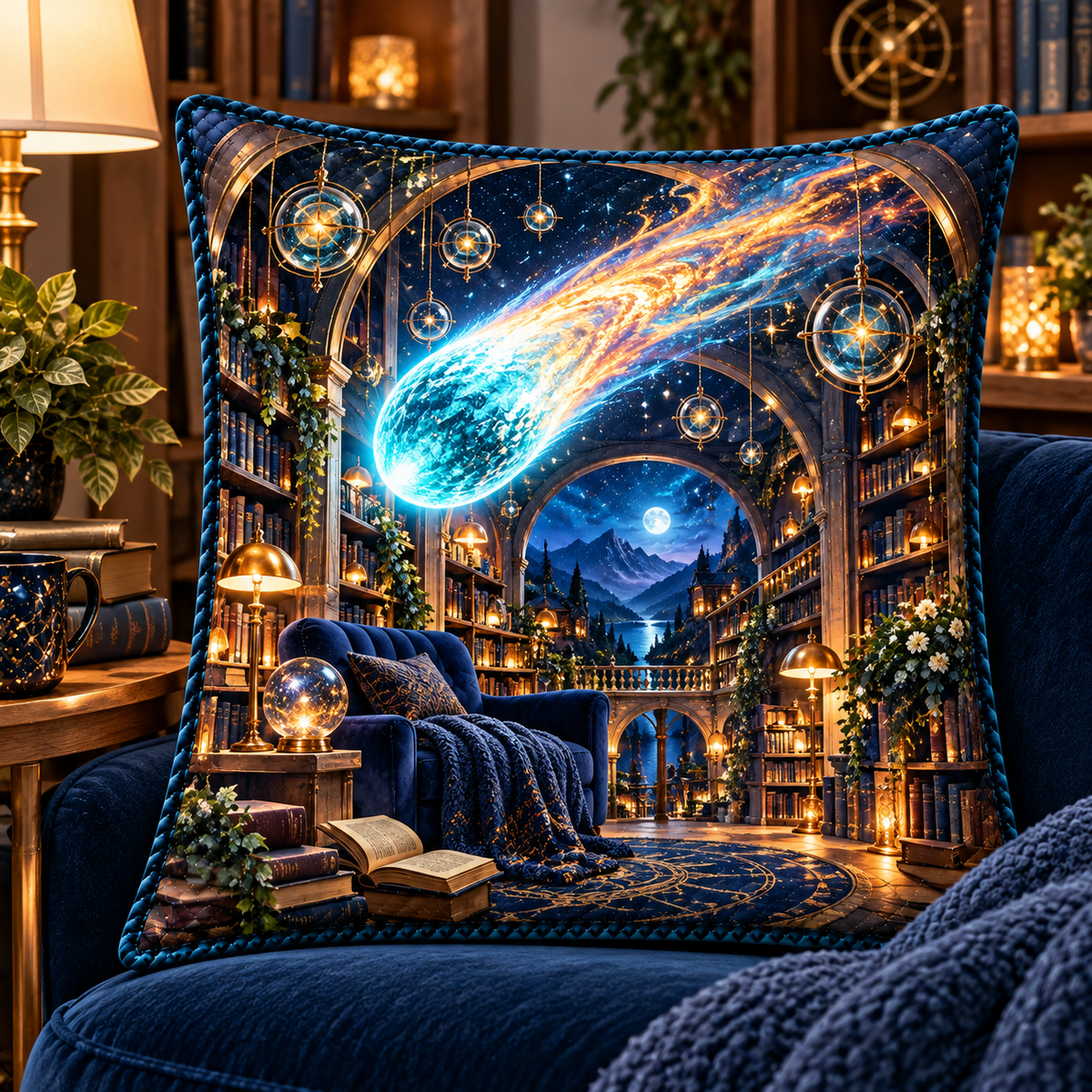Comet Trail Reading Nook Quilted Cushion Cover with printed optical 3D artwork in its use setting