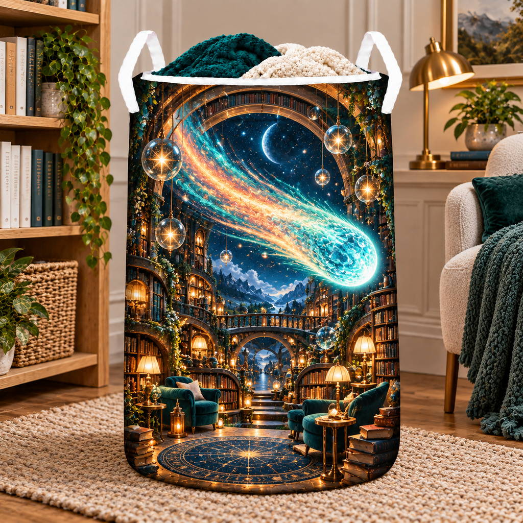 Comet Trail Reading Nook Laundry Hamper with printed optical 3D artwork in its use setting
