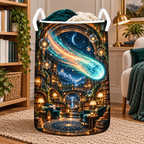 Comet Trail Reading Nook Laundry Hamper with printed optical 3D artwork in its use setting